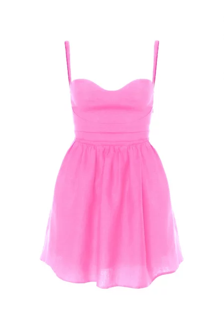 Разкроена ленена рокля - Розово