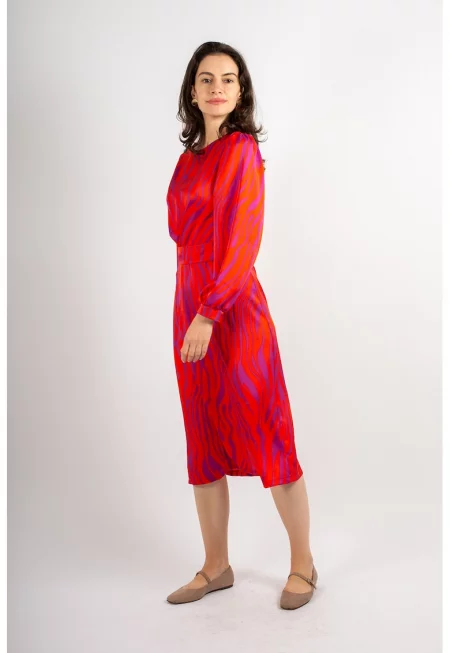 Разкроена рокля Quinn с бухнали ръкави - Червен/Фанданго розово