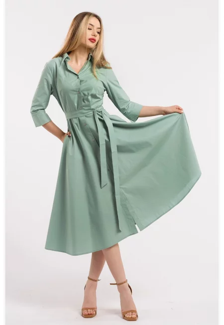 Разкроена рокля-риза с колан - Папратово зелено