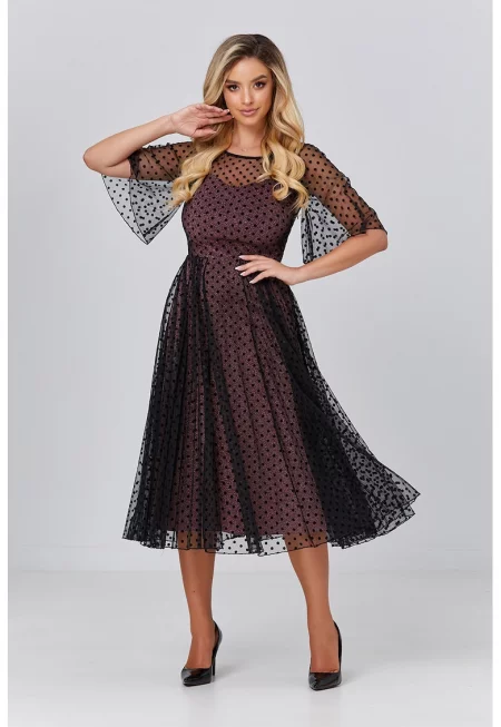 Разкроена рокля с прозрачни ръкави - Черен/Розово