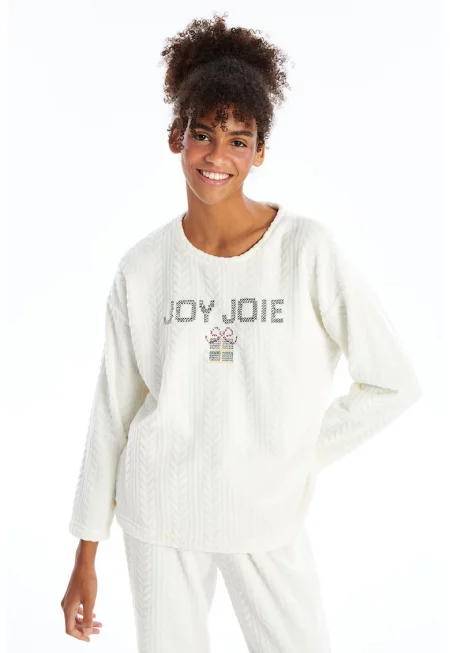 Релефна пижама с бродерии - Червен/Зелен/Крем