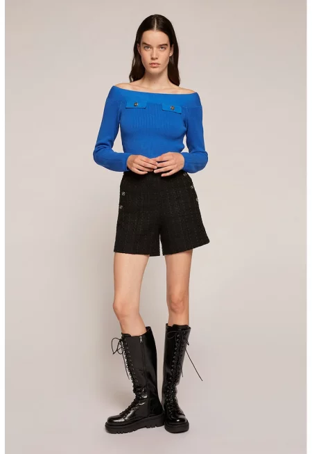 Рипсен пуловер с голи рамене - Син