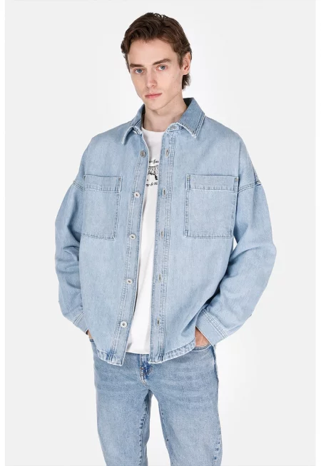 Риза от деним с паднали ръкави - Светлосин