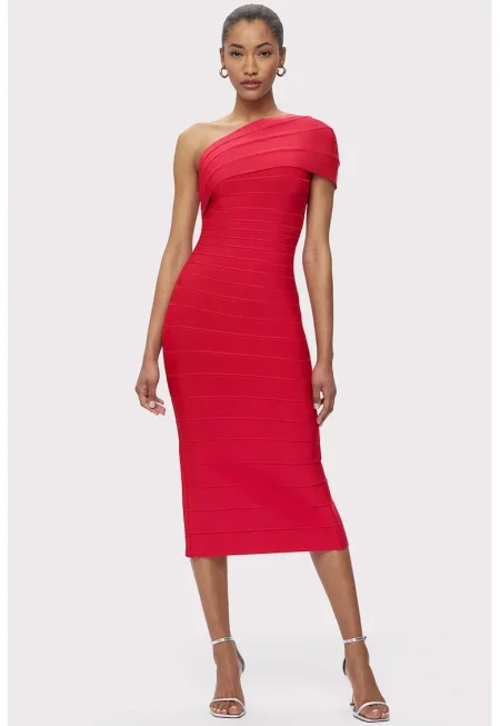Rochie midi cu umarul gol si efect de sculptare a siluetei HL1 - Червен
