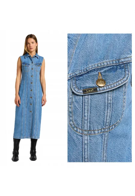 Рокля Дамска -  Long Slim Dress - Regular Fit - С Яка - Без Ръкави - Деним Акцент - Копчета - Памук - S INTL - Синя