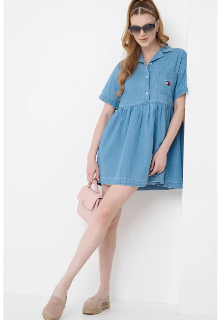 Рокля от деним с бродирано лого - Светлосин