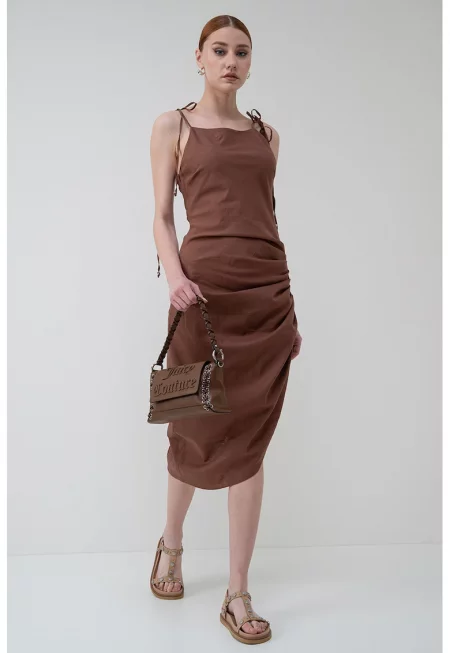 Рокля с лен с набирания - Светлокафяв