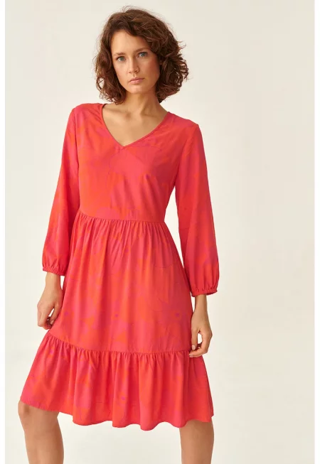 Рокля с шпиц и флорален десен - Аленочервен