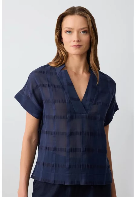 Шпиц тениска с лен - Тъмносин