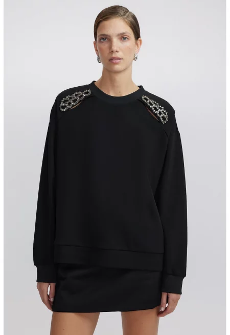 Суитшърт с овално деколте и мъниста - Златист/Черен
