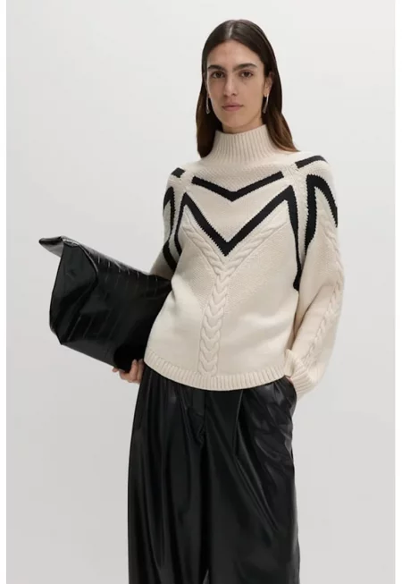 Свободен пуловер с вълна - Черен/Мръснобял