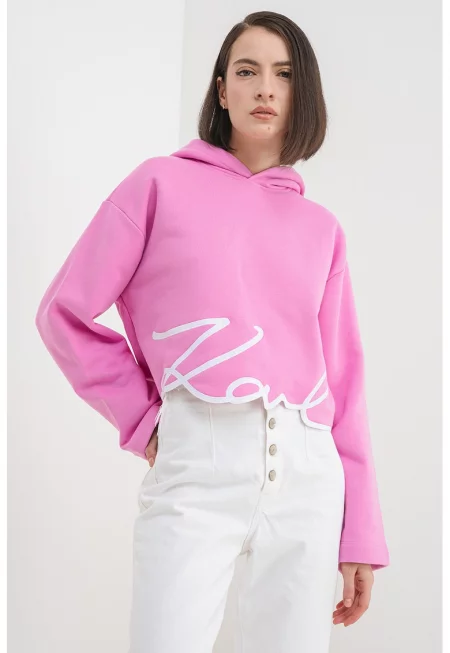 Свободно худи с органичен памук с лого - Фуксия