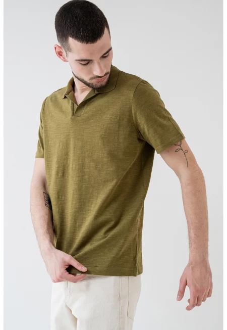 Тениска с памук и яка - Каки