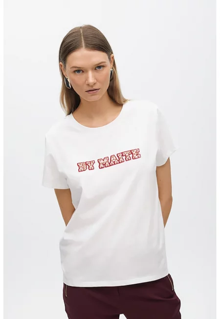 Тениска с текстови детайл - Червен/Бял