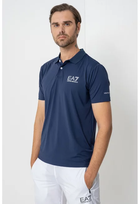 Тениска с яка и лого - Бял/Тъмносин