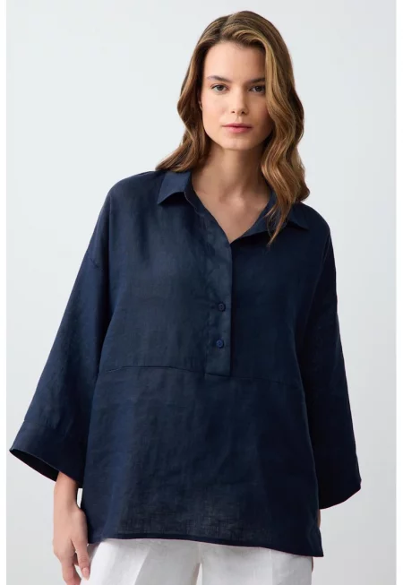 Уголемена ленена блуза с 3/4 ръкави - Тъмносин