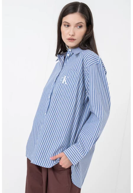 Уголемена риза с дълги ръкави - Бял/Прашно синьо