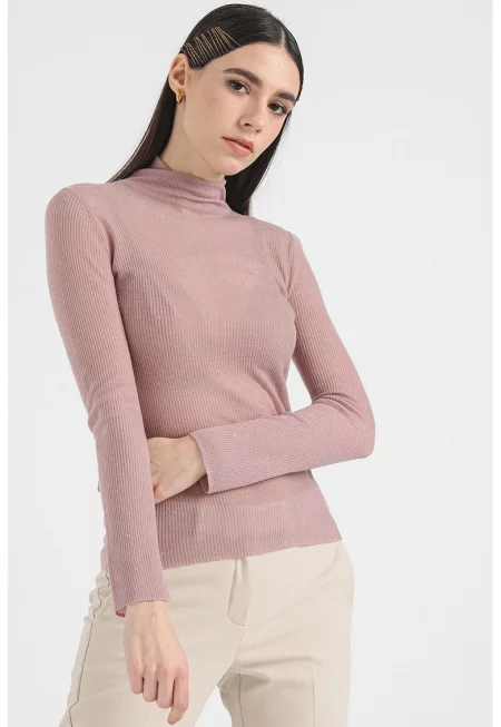 Вълнена полупрозрачна блуза тип поло - Прашно розово