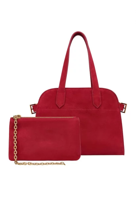 Велурена ръчна чанта Bowler с несесер - Червен