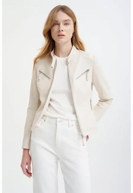 Яке от еко кожа с джобове с цип - Слонова кост