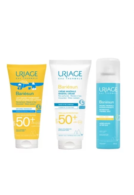 Bariesun Семеен комплект със слънцезащита SPF 50+ и грижа за след слънце – Бебешки лосион 100 мл - Минерален крем 100 мл - Спрей за след слънце 150 мл