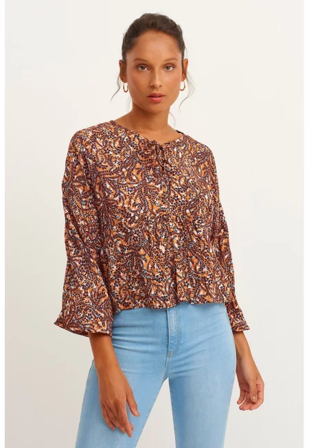 Блуза с 3/4 ръкави - Бял - Оранжев - Виолетов -