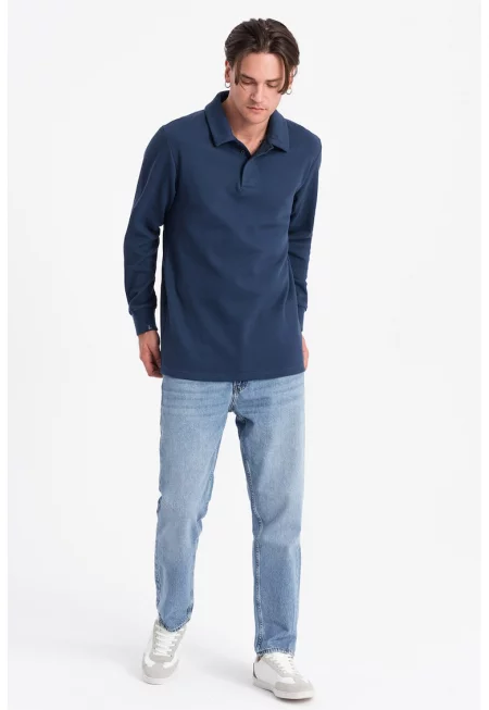 Блуза с памук с яка - Тъмносин