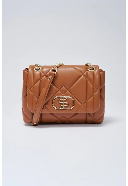 Чанта от еко кожа с презрамки с верижка - Канелено кафяво