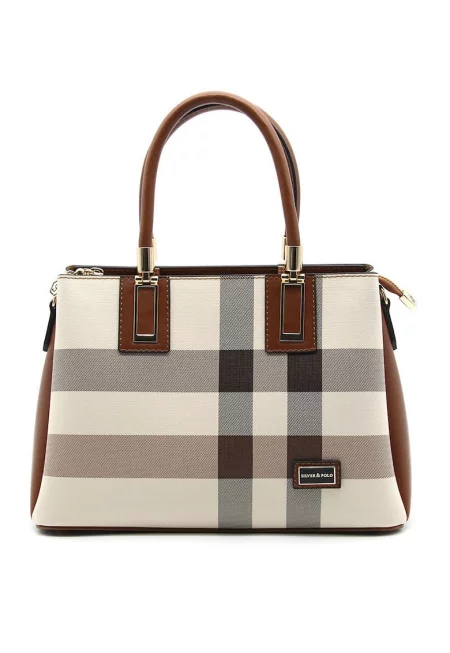 Чанта от еко кожа с принт и лого - Слонова кост/Канелено кафяво