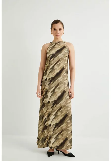 Дълга халтер рокля - Кафяв/Камел