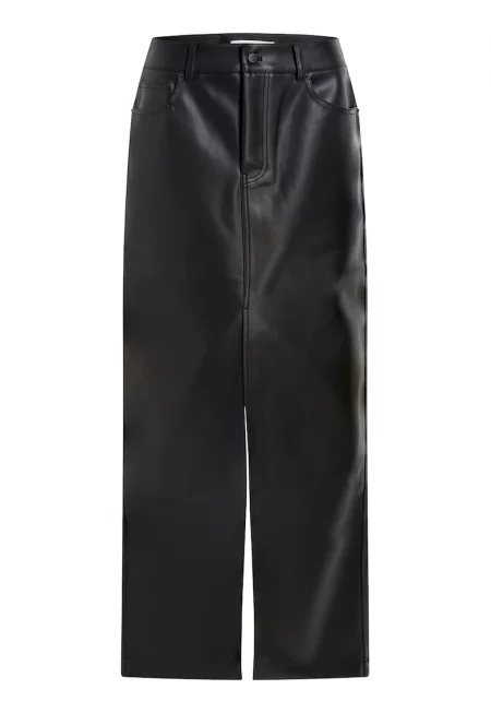 Дълга пола от еко кожа с фронтална цепка - Черен