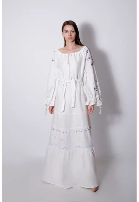 Дълга разкроена рокля от лен - Бял/Розово/Син