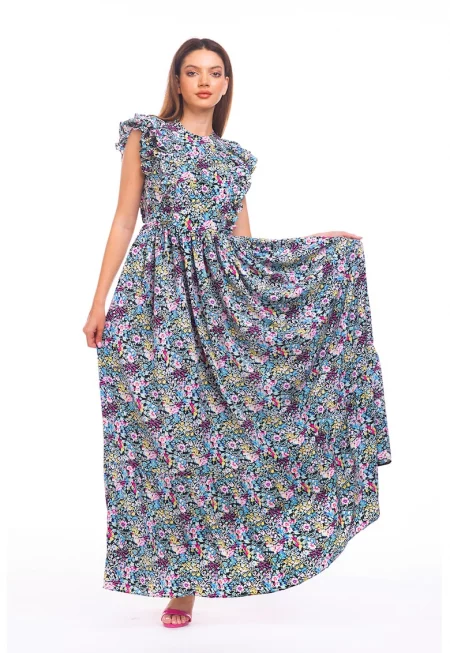 Дълга разкроена рокля с набирания - Многоцветен