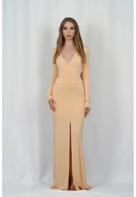 Дълга рокля с гол гръб и V-образно деколте - Жълт