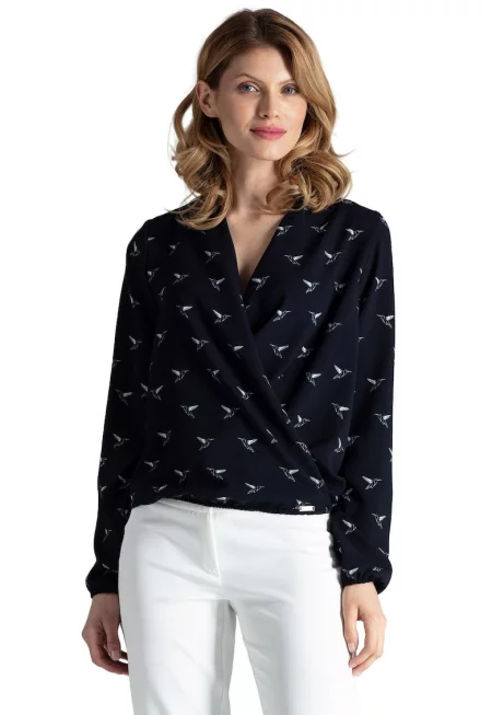 Дамска блуза  M371 - полиестер - щампа на птици - дълъг ръкав