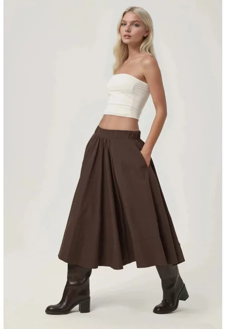 Дамска пола -  Макси пола А-образна кройка - кафява - текстил