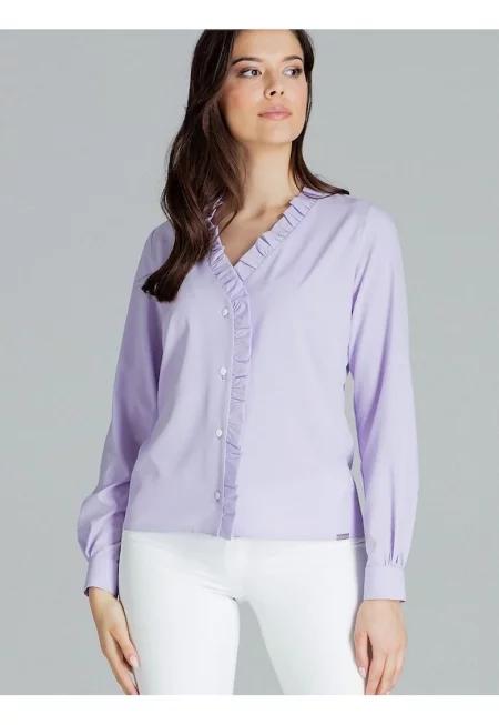 Дамска риза - Ленитиф - лилава - със сърцевидно деколте - волани - дълги ръкави