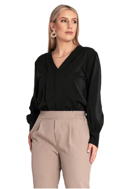 Дамска риза  полиестер - дълъг ръкав - V-образно деколте - черна - SM