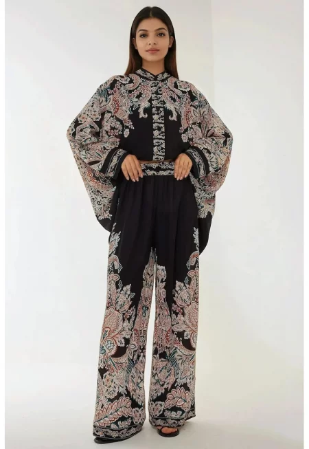 Дамски комплект -  панталон с висока талия - широка кройка - черен - текстил