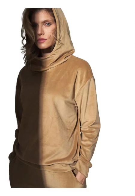 Дамски суичър  бежов - велурен - с качулка - висока яка