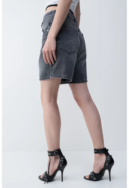 Дънков къс панталон с висока талия - Сив меланж