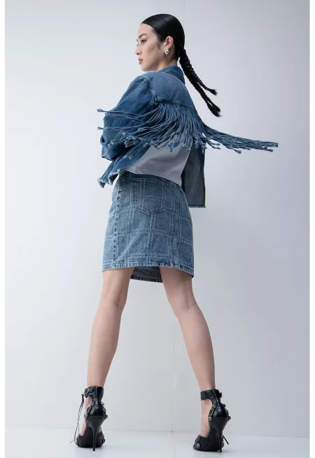 Дънково яке с ресни - Син меланж