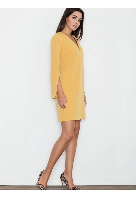 Елегантна рокля  права кройка - ръкави с цепки - жълто - полиестер-вискоза