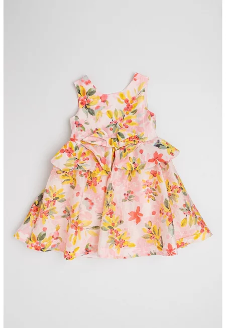 Флорална рокля с панделка - Зелен/Жълт/Пастелнорозов