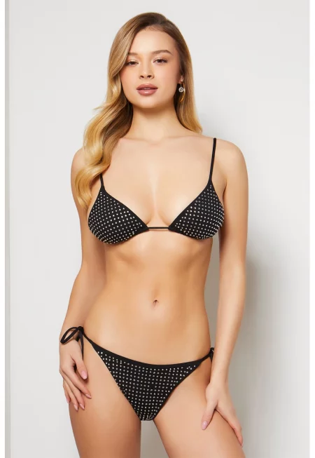 Горнище на бански с декоративни камъни - Черен/Сребрист