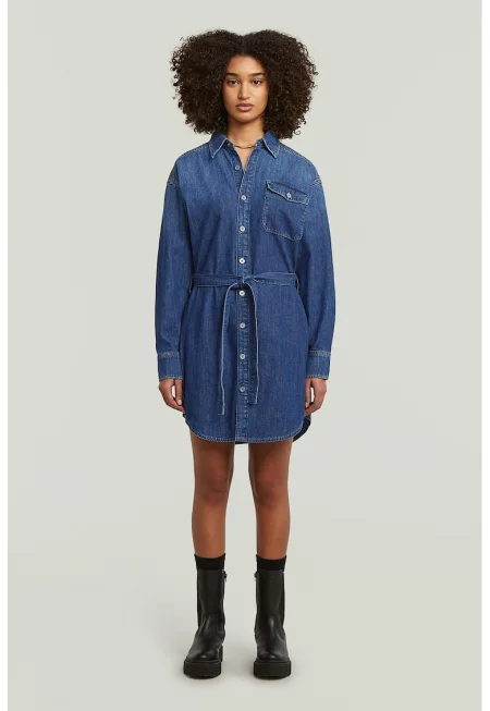 Къса дънкова рокля-риза с връзка