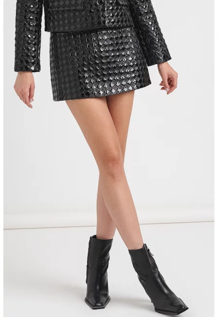 Къса пола с кожен ефект - Черен