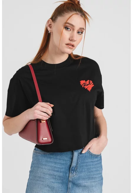 Къса свободна тениска от памук - Червен/Черен