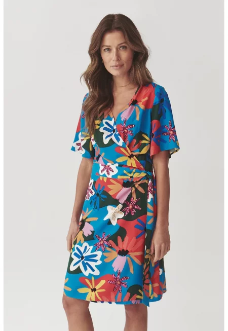 Къса застъпена рокля с десен - Шафраново жълто/Кралско Синьо/Аленочервен