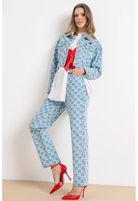 Късо дънково яке с лого - Бял/Син